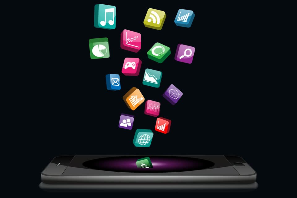 Smartphone, aus dem farbige App-Symbole aufsteigen