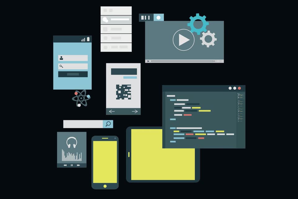 Bedienoberflaechen eines Arbeitsprogramms mit Formularen, Auswertungen und Code