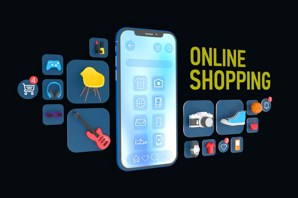 Smartphone mit Produktkacheln und Warenkorb als Sinnbild fuer einen Online-Shop
