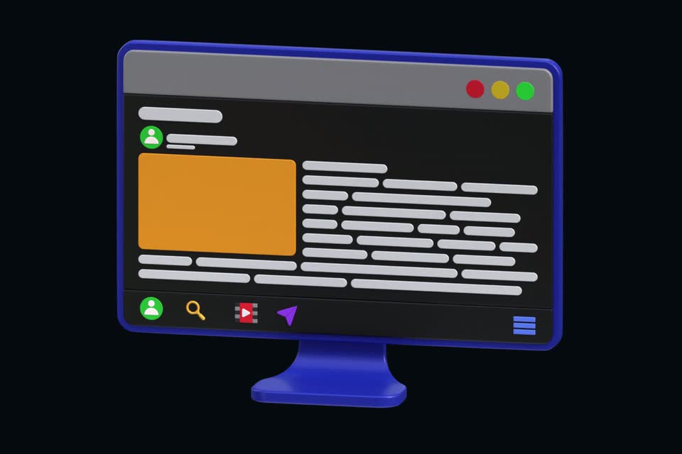 Animierter Monitor, auf dem sich eine Webseite Schritt fuer Schritt aufbaut